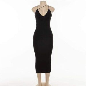 Black Bodycon Spaghetti Strap Midi Dress with Cross Front Detail